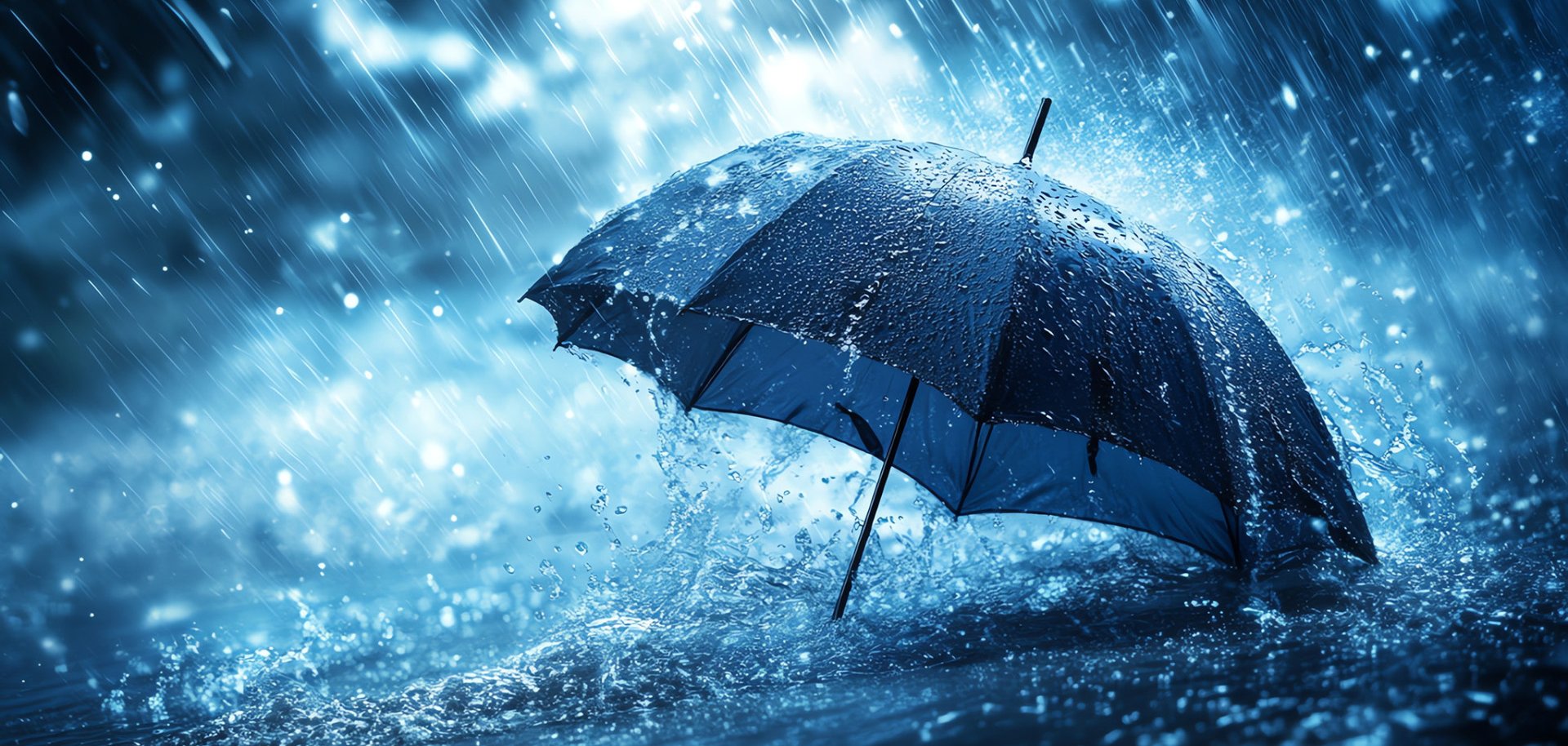 An umbrella is standing in the water with rain pouring down and