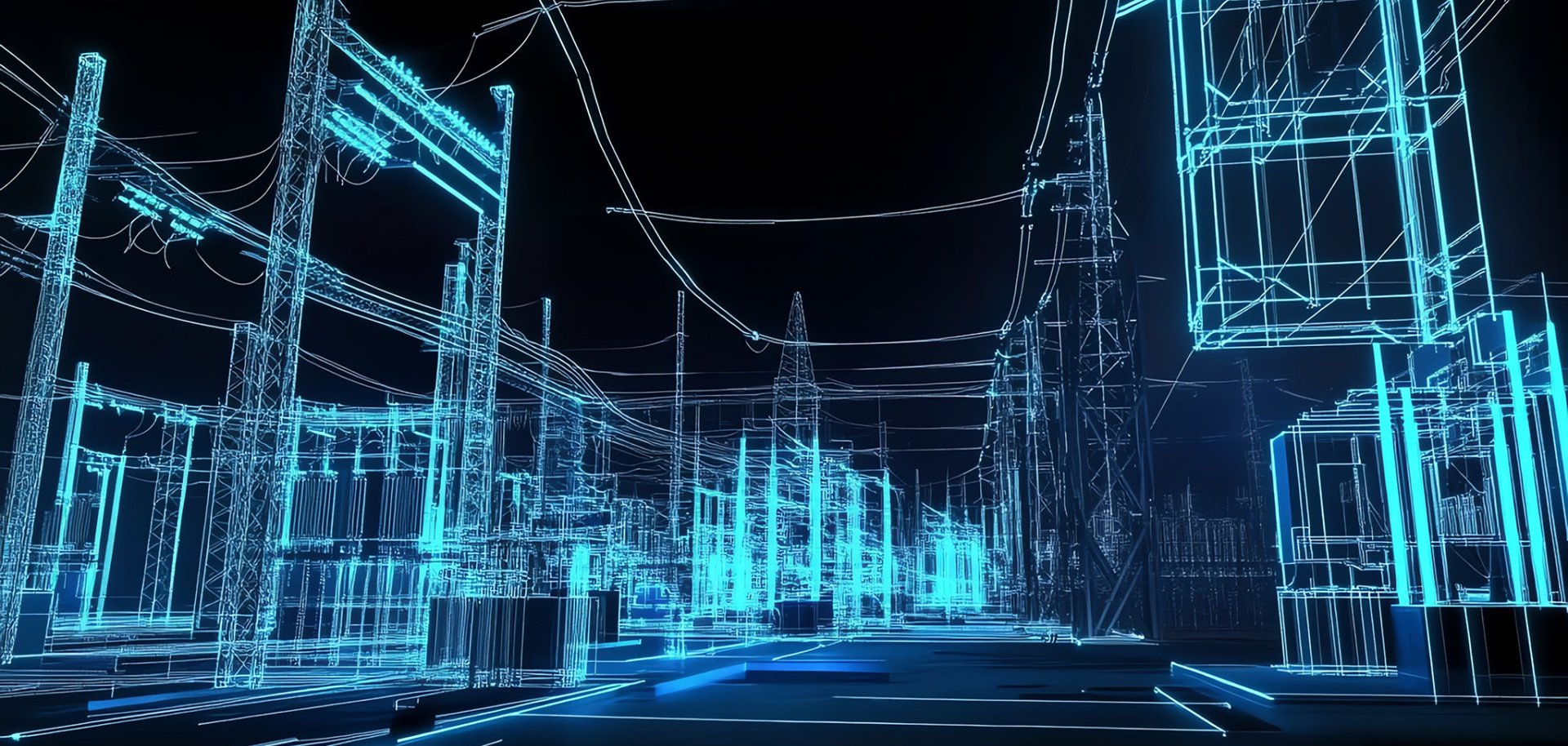 Electric Substation Blueprint with Glowing Lines Showing Power G