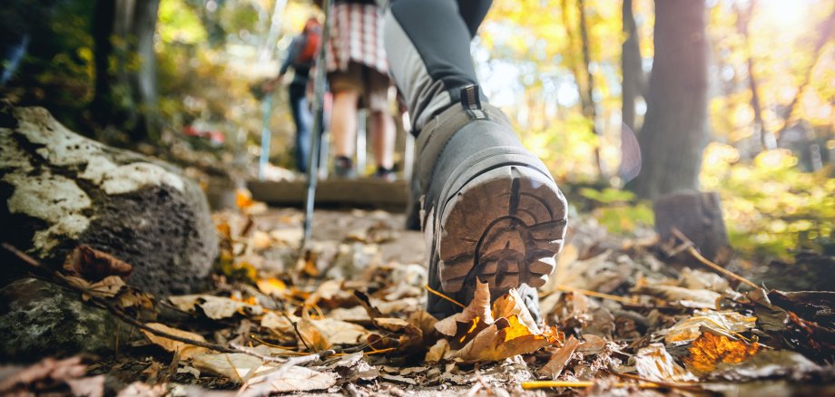 Hiker woman with trekking sticks climbs steep on mountain trail, Hiker woman with trekking sticks climbs steep on mountain trail,