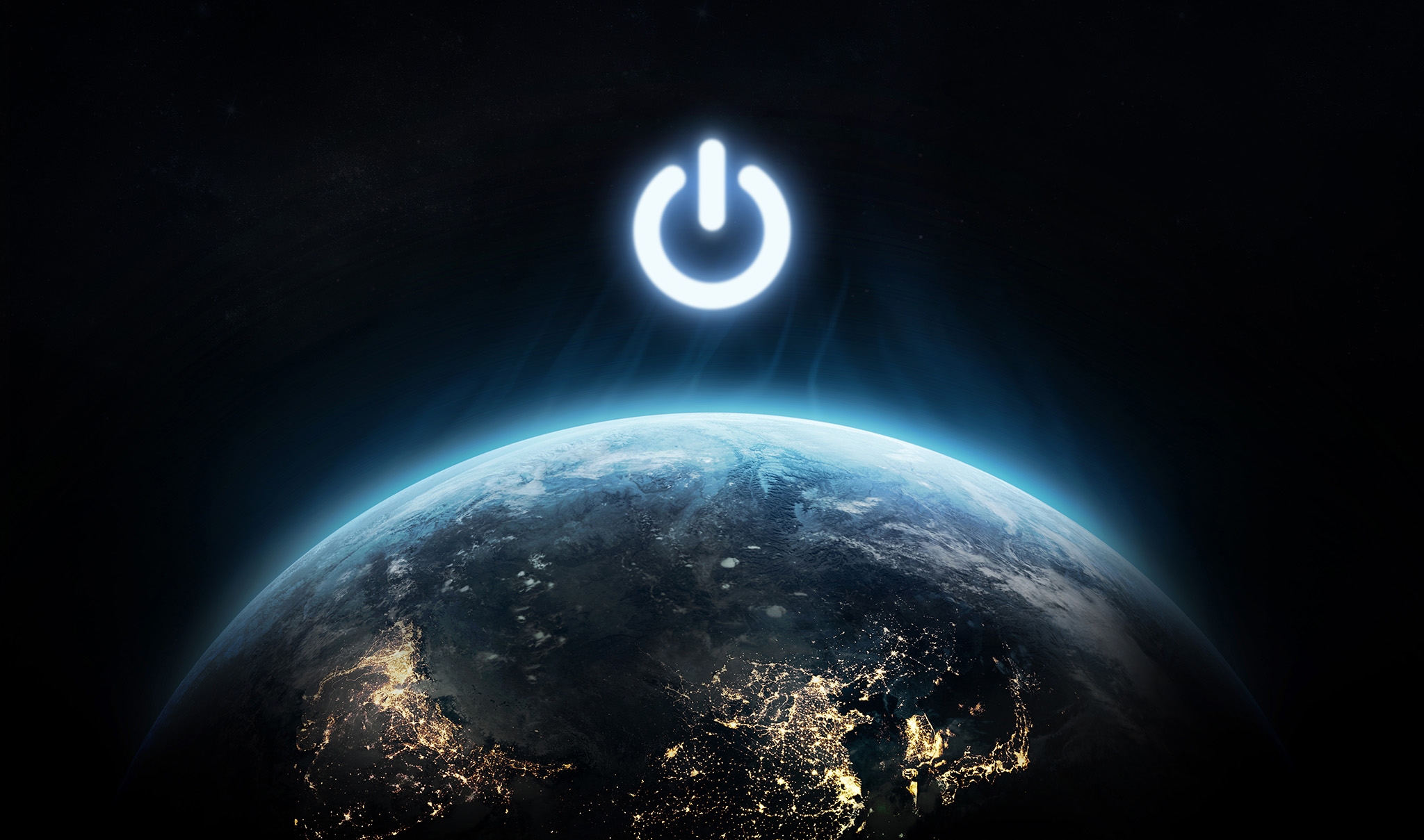 Planet Earth and power button. Earth hour event. Ecology. Elemen